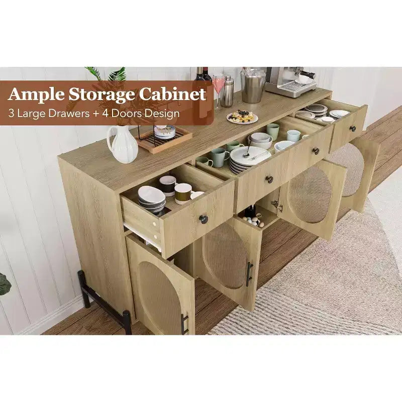 Credenza grande da 157 cm con 3 cassetti e 4 ante in vetro, mobiletto bar per il caffè