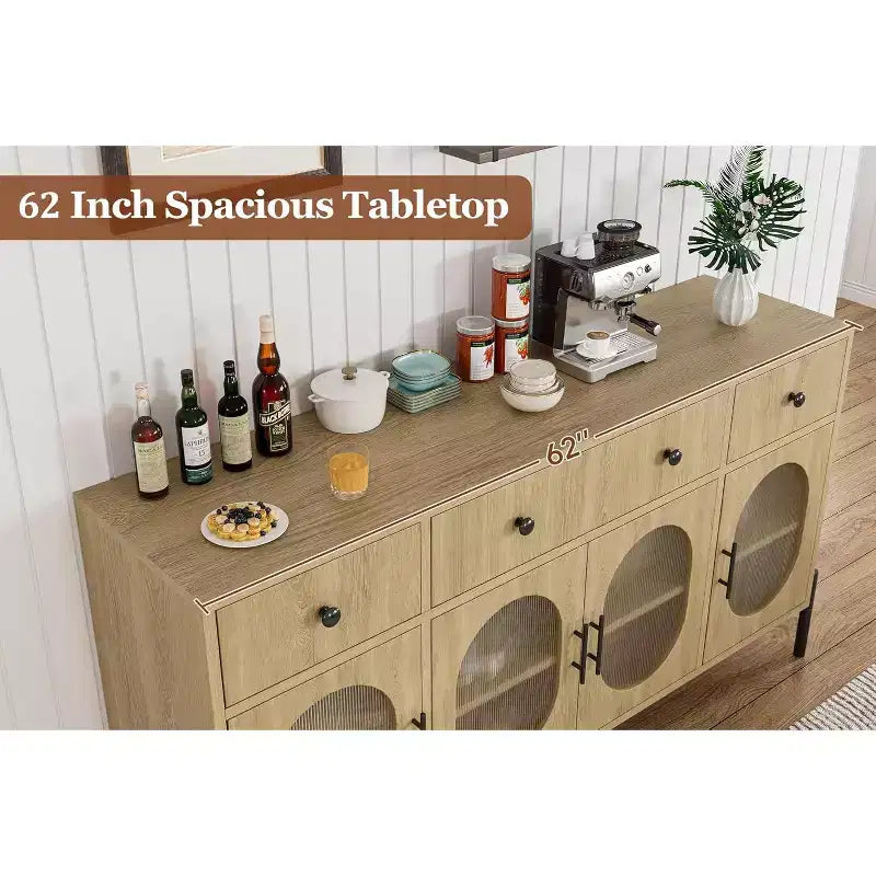 Credenza grande da 157 cm con 3 cassetti e 4 ante in vetro, mobiletto bar per il caffè