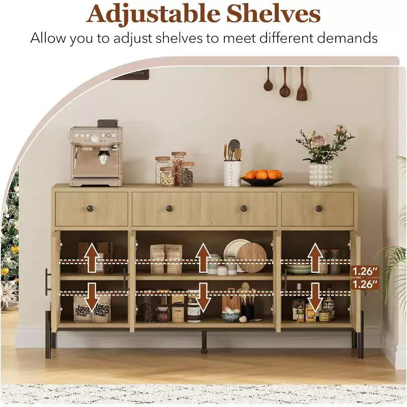 Credenza grande da 157 cm con 3 cassetti e 4 ante in vetro, mobiletto bar per il caffè