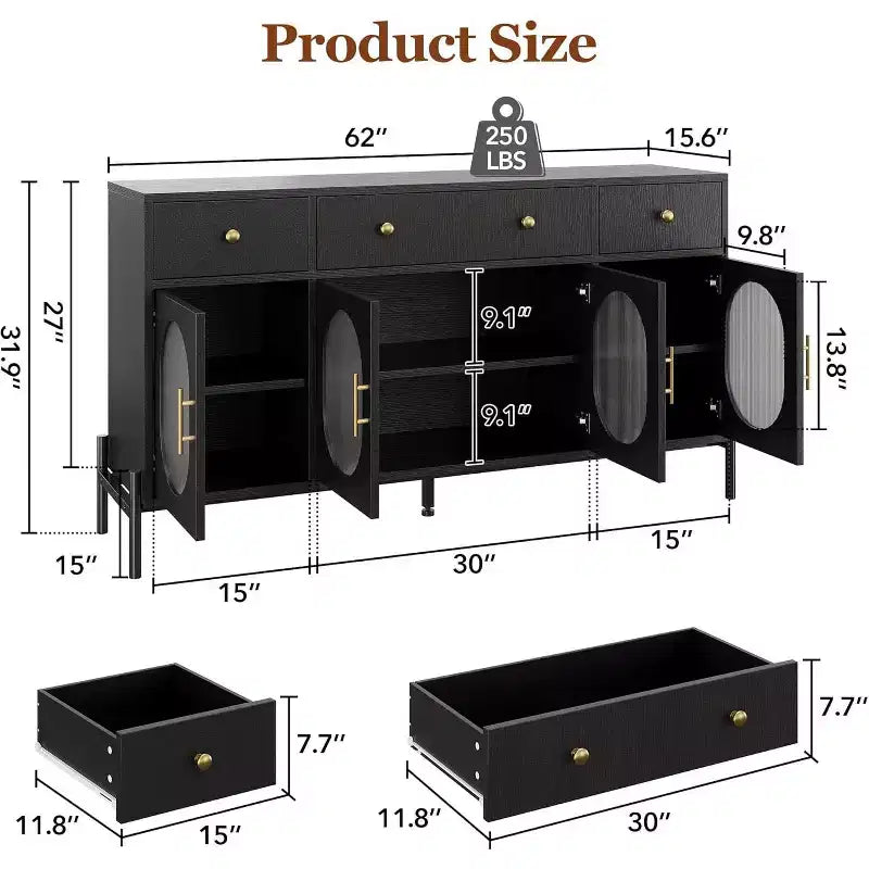 Credenza grande da 157 cm con 3 cassetti e 4 ante in vetro, mobiletto bar per il caffè