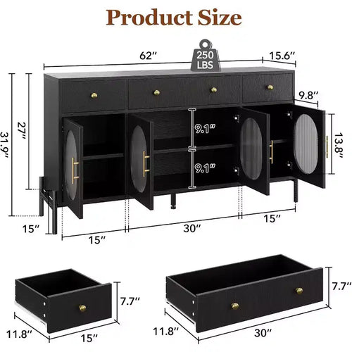 Credenza grande da 157 cm con 3 cassetti e 4 ante in vetro, mobiletto bar per il caffè