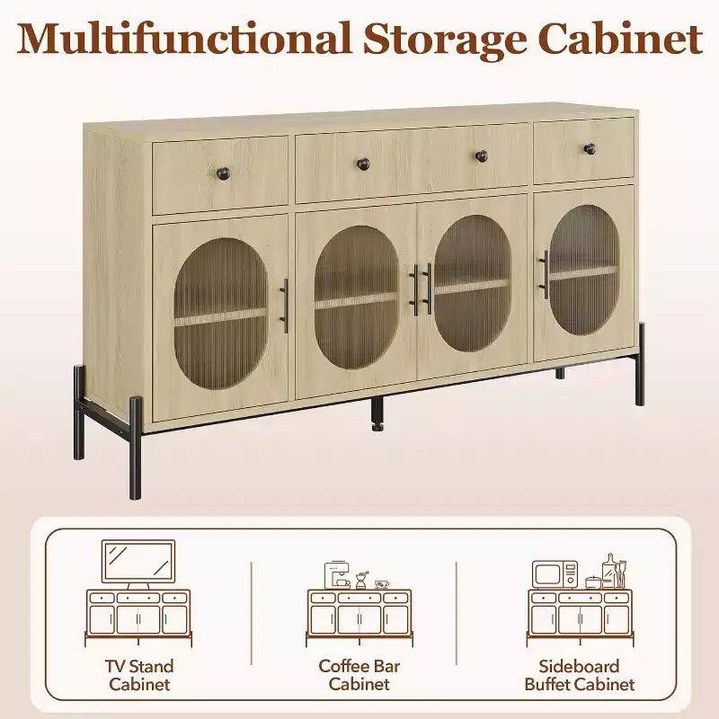 Credenza grande da 157 cm con 3 cassetti e 4 ante in vetro, mobiletto bar per il caffè