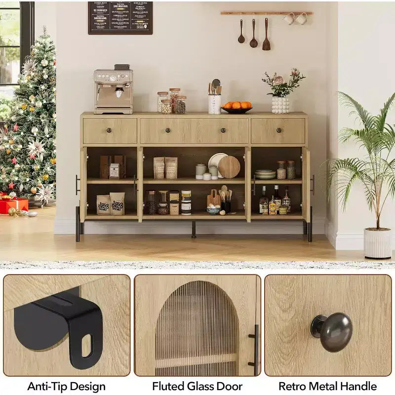 Credenza grande da 157 cm con 3 cassetti e 4 ante in vetro, mobiletto bar per il caffè