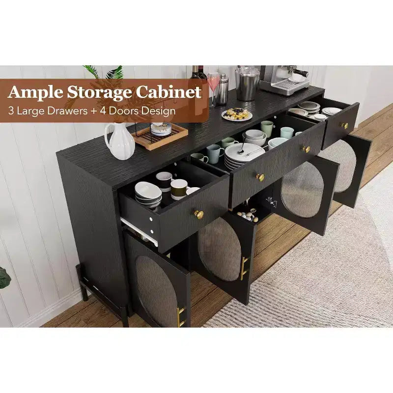Credenza grande da 157 cm con 3 cassetti e 4 ante in vetro, mobiletto bar per il caffè