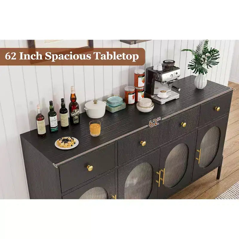 Credenza grande da 157 cm con 3 cassetti e 4 ante in vetro, mobiletto bar per il caffè