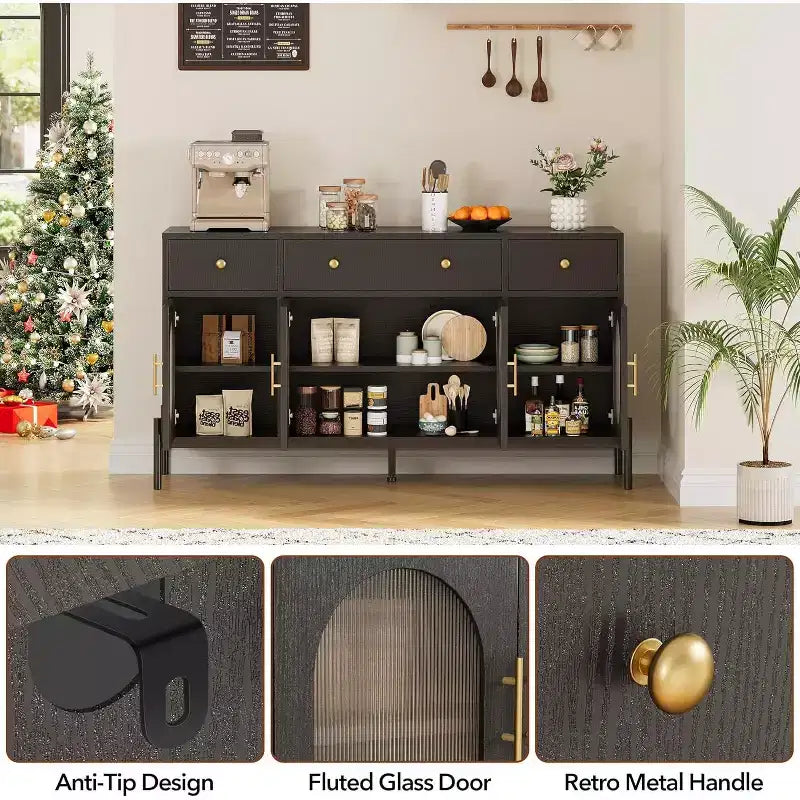 Credenza grande da 157 cm con 3 cassetti e 4 ante in vetro, mobiletto bar per il caffè