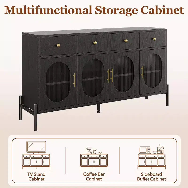Credenza grande da 157 cm con 3 cassetti e 4 ante in vetro, mobiletto bar per il caffè