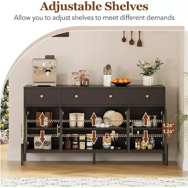 Credenza grande da 157 cm con 3 cassetti e 4 ante in vetro, mobiletto bar per il caffè