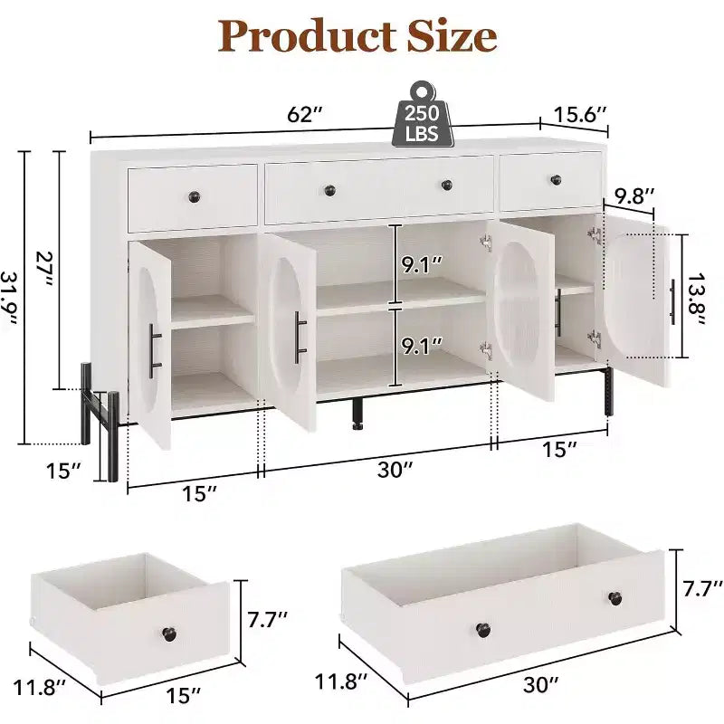 Credenza grande da 157 cm con 3 cassetti e 4 ante in vetro, mobiletto bar per il caffè