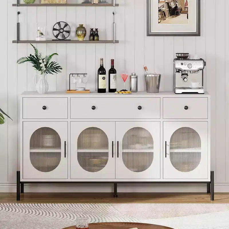 Credenza grande da 157 cm con 3 cassetti e 4 ante in vetro, mobiletto bar per il caffè