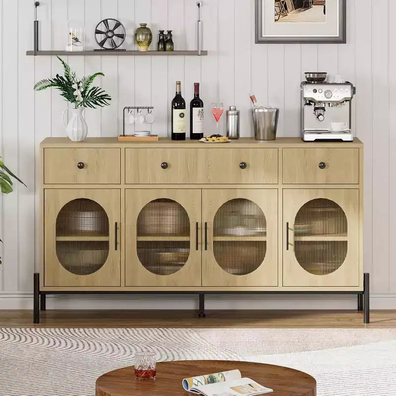 Credenza grande da 157 cm con 3 cassetti e 4 ante in vetro, mobiletto bar per il caffè