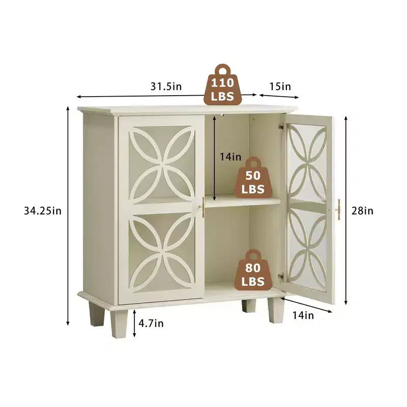 Homy Casa Storage Cabinet with Decorative Glass Doors and Adjustable Shelf, Cream