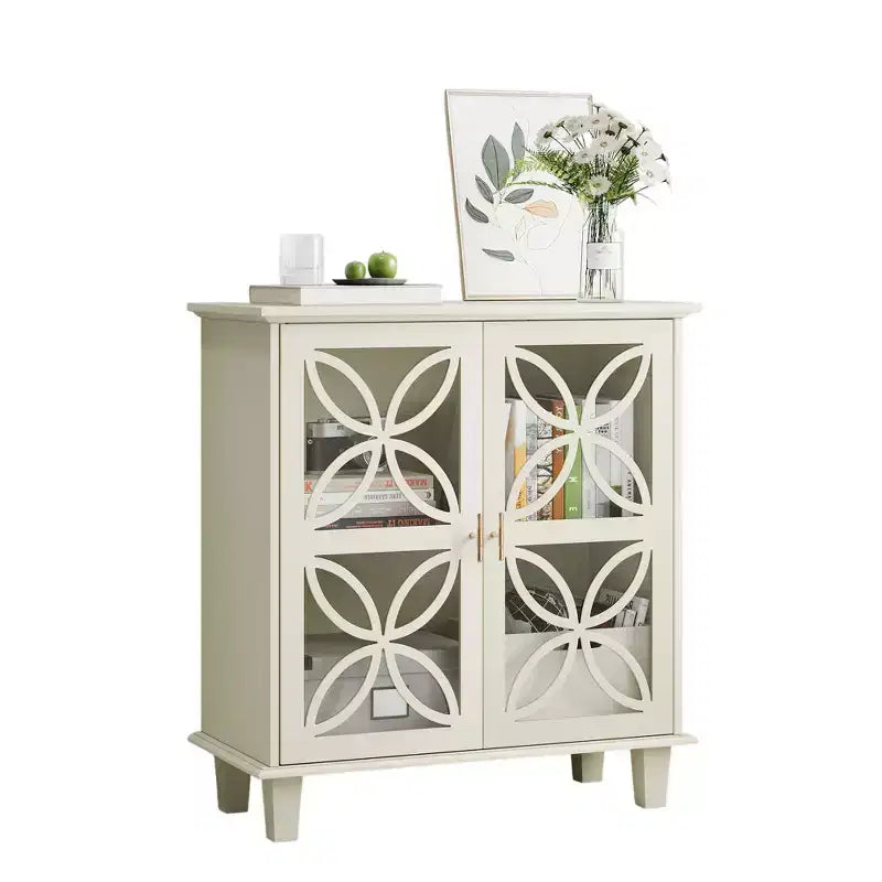 Homy Casa Storage Cabinet with Decorative Glass Doors and Adjustable Shelf, Cream