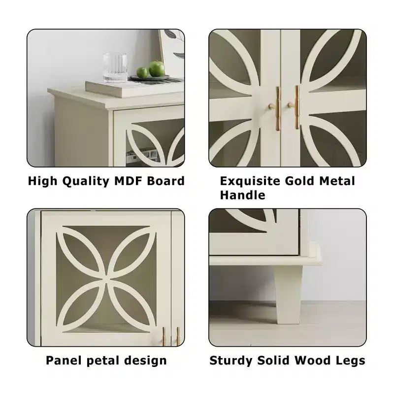 Homy Casa Storage Cabinet with Decorative Glass Doors and Adjustable Shelf, Cream