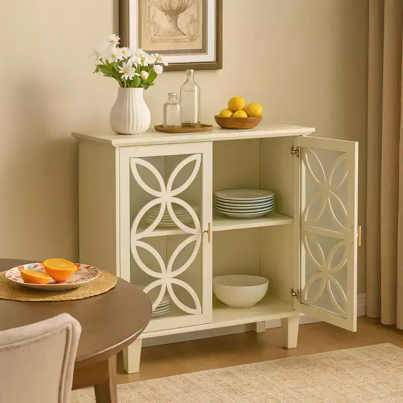 Homy Casa Storage Cabinet with Decorative Glass Doors and Adjustable Shelf, Cream