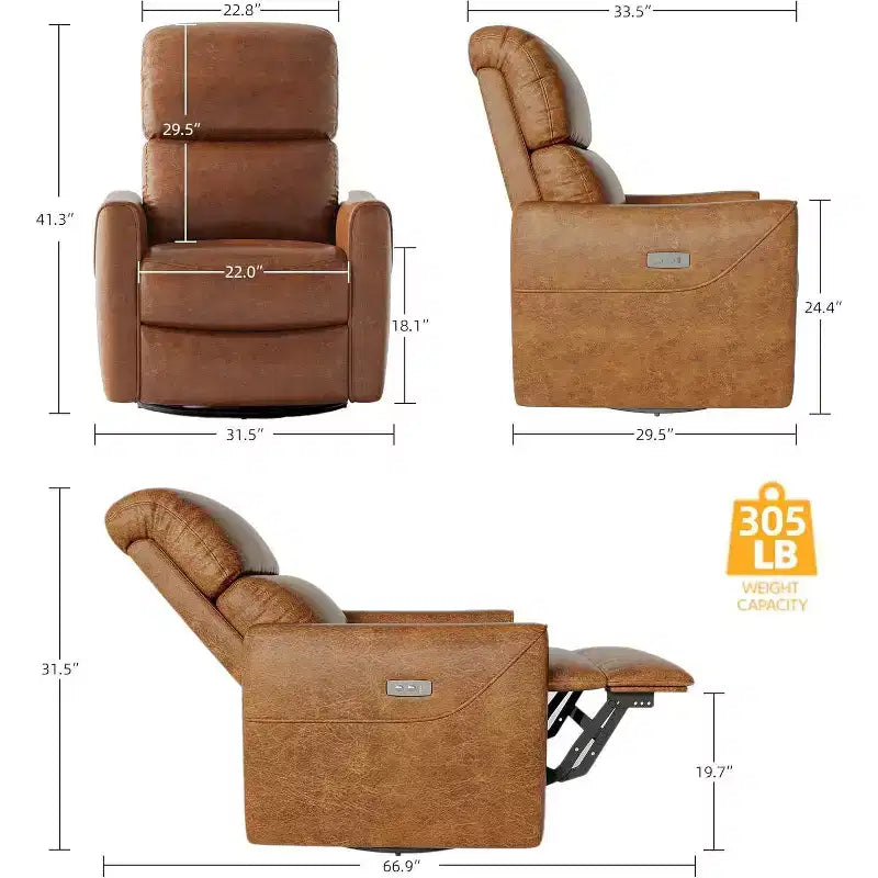 Poltrona reclinabile con movimento oscillatorio e girevole, porta USB e supporto lombare, in similpelle