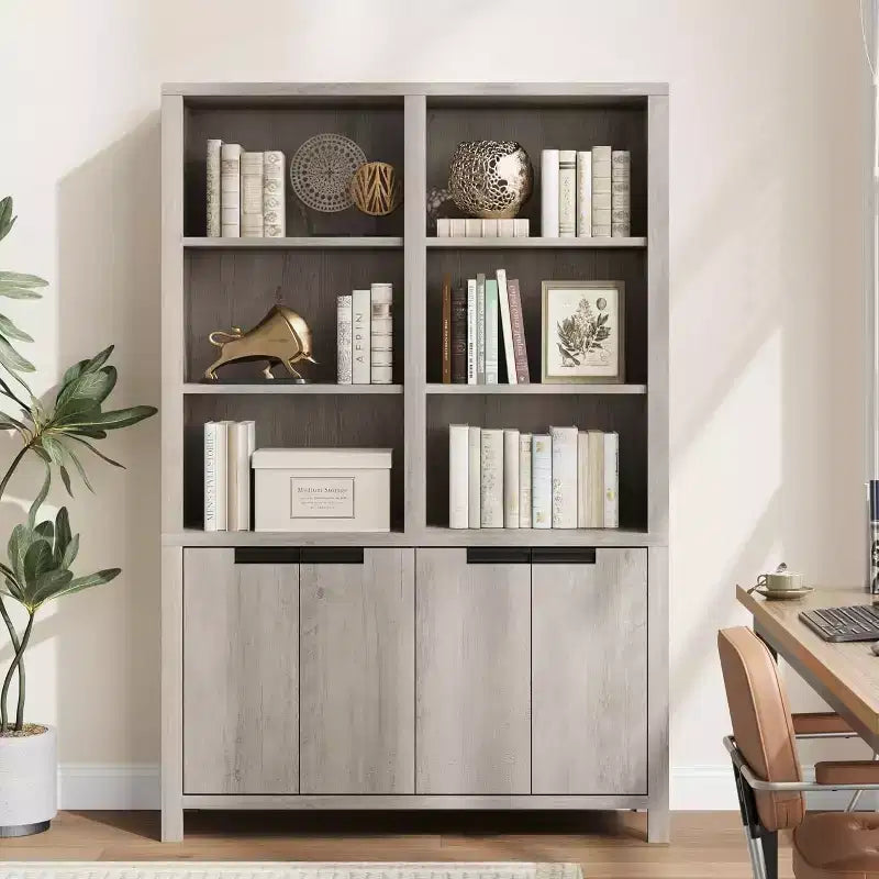 Libreria a colonna doppia 70.7" Grigia/Bianca in Stile Rustico con Ante, 5 Ripiani