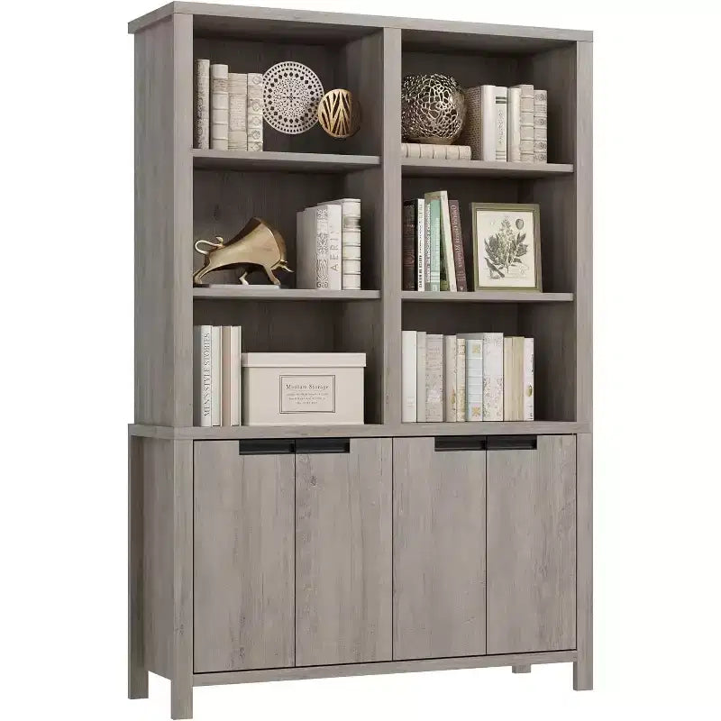 Libreria a colonna doppia 70.7" Grigia/Bianca in Stile Rustico con Ante, 5 Ripiani