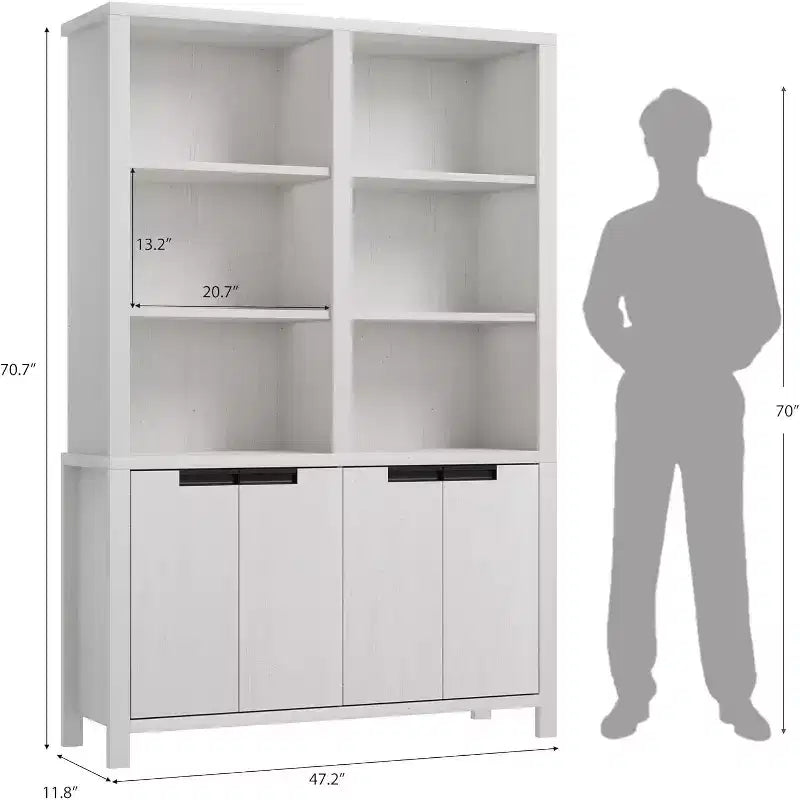 Libreria a colonna doppia 70.7" Grigia/Bianca in Stile Rustico con Ante, 5 Ripiani