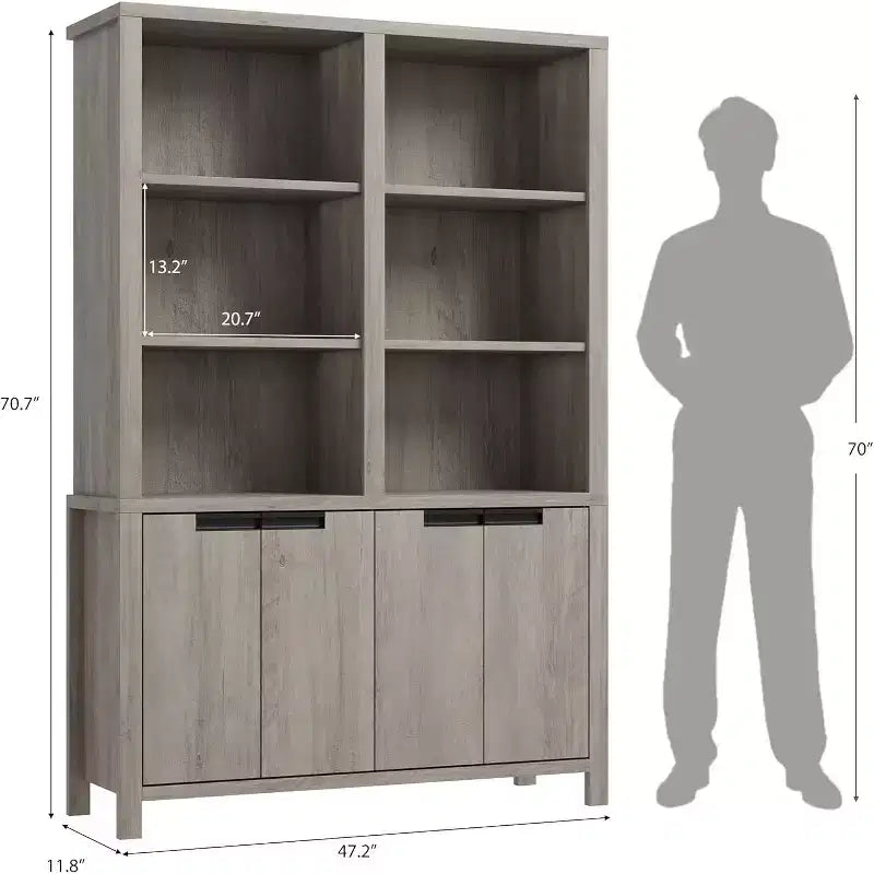 Libreria a colonna doppia 70.7" Grigia/Bianca in Stile Rustico con Ante, 5 Ripiani