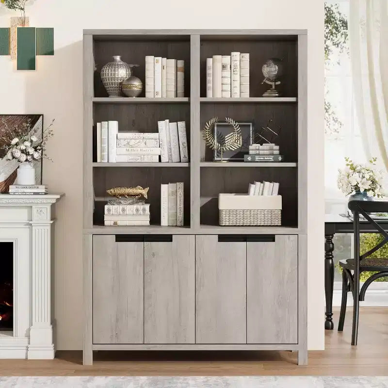 Libreria a colonna doppia 70.7" Grigia/Bianca in Stile Rustico con Ante, 5 Ripiani