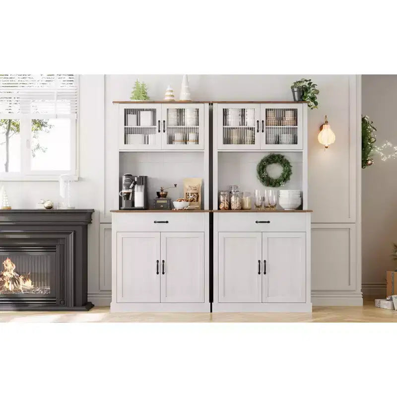 COZONY Meuble de cuisine haut de 70 pouces avec support à micro-ondes et bar à café, buffet autoportant en bois avec 4 portes et étagères réglables pour salle à manger