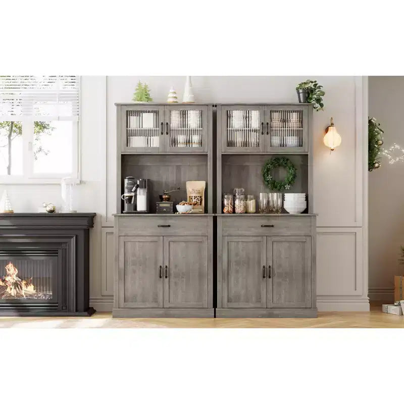 COZONY Meuble de cuisine haut de 70 pouces avec support à micro-ondes et bar à café, buffet autoportant en bois avec 4 portes et étagères réglables pour salle à manger