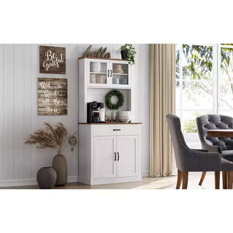 COZONY 70 Tall Kitchen Pantry Cabinet with Microwave Stand&Coffee Bar Wooden Freestanding Hutch with 4 Doors & Adjustable Shelves for Dining Room