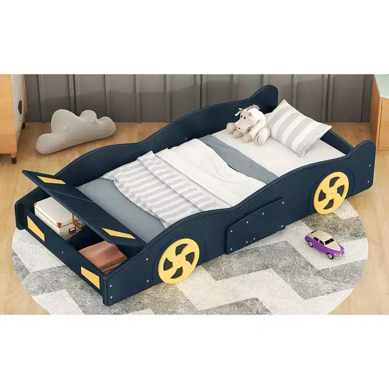 Bellemave Full Size Race Car-Shaped Platform Bed,Wood Platform Bed Frame with Wheels and Storage,for Girls Boys Teenagers, Dark Blue
