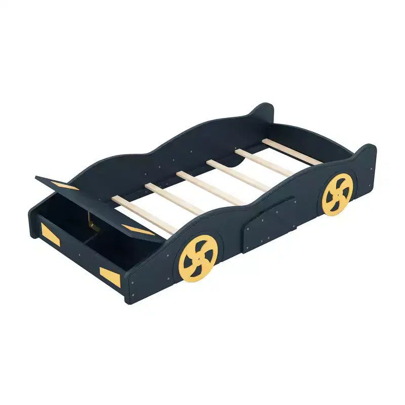 Bellemave Full Size Race Car-Shaped Platform Bed,Wood Platform Bed Frame with Wheels and Storage,for Girls Boys Teenagers, Dark Blue