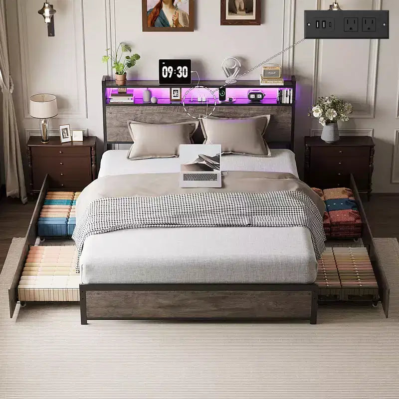 VINGLI Metal Platform with 4 Storage Drawers/Headboard/LED Lights/Charging Station, No Box Spring Needed, Easy Assembly, Wash Grey