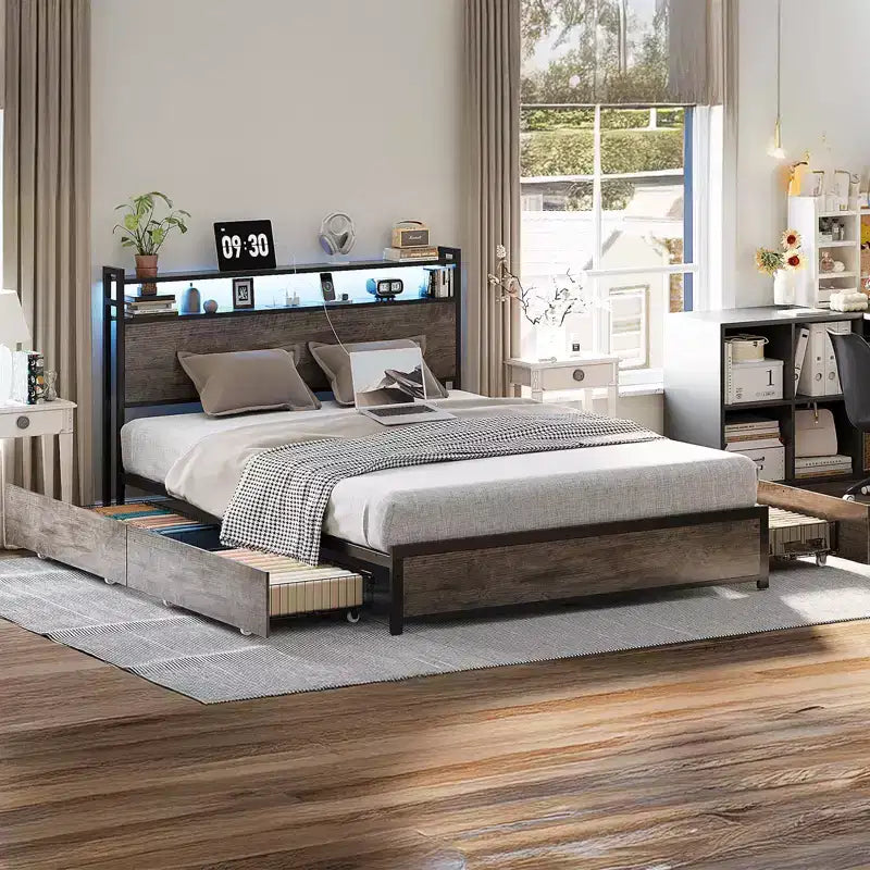 VINGLI Metal Platform with 4 Storage Drawers/Headboard/LED Lights/Charging Station, No Box Spring Needed, Easy Assembly, Wash Grey