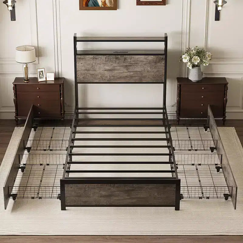 VINGLI Metal Platform with 4 Storage Drawers/Headboard/LED Lights/Charging Station, No Box Spring Needed, Easy Assembly, Wash Grey
