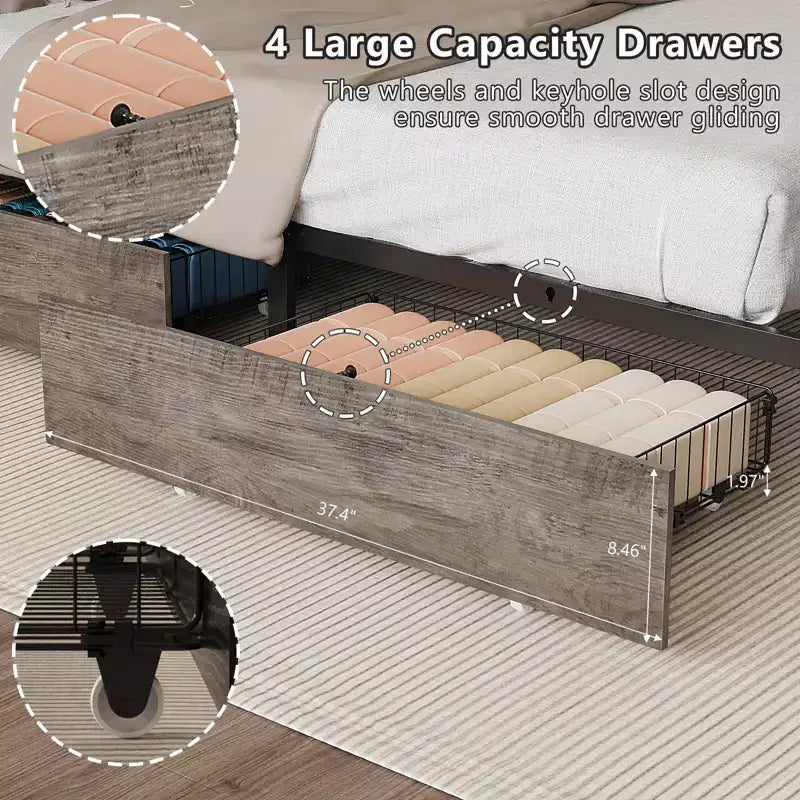 VINGLI Metal Platform with 4 Storage Drawers/Headboard/LED Lights/Charging Station, No Box Spring Needed, Easy Assembly, Wash Grey