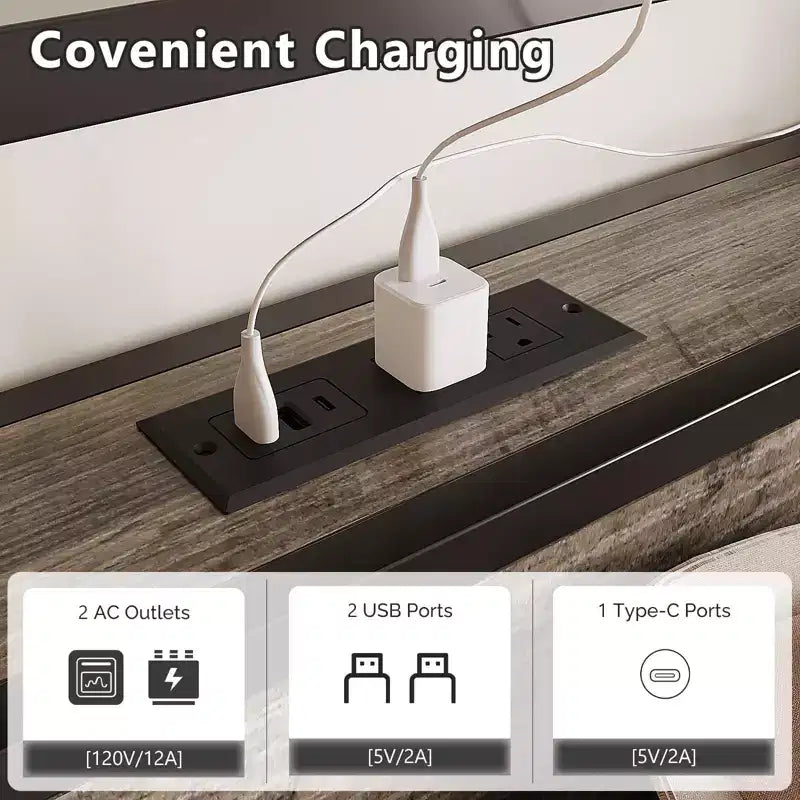 VINGLI Metal Platform with 4 Storage Drawers/Headboard/LED Lights/Charging Station, No Box Spring Needed, Easy Assembly, Wash Grey