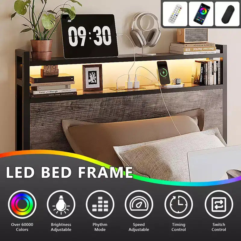 VINGLI Metal Platform with 4 Storage Drawers/Headboard/LED Lights/Charging Station, No Box Spring Needed, Easy Assembly, Wash Grey