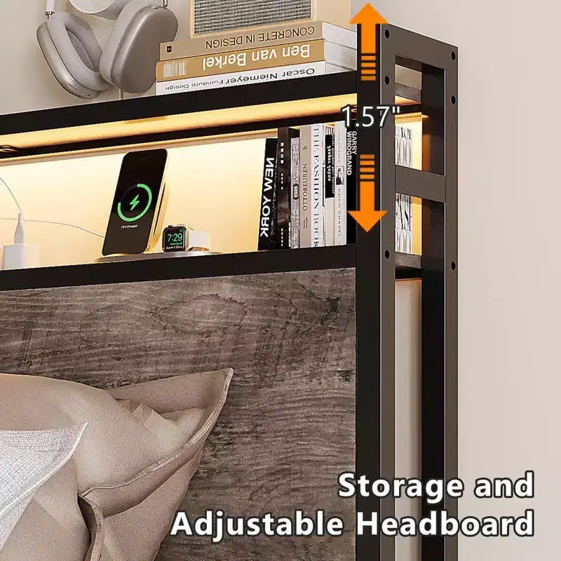 VINGLI Metal Platform with 4 Storage Drawers/Headboard/LED Lights/Charging Station, No Box Spring Needed, Easy Assembly, Wash Grey