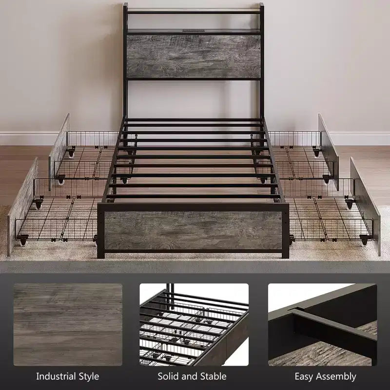 VINGLI Metal Platform with 4 Storage Drawers/Headboard/LED Lights/Charging Station, No Box Spring Needed, Easy Assembly, Wash Grey