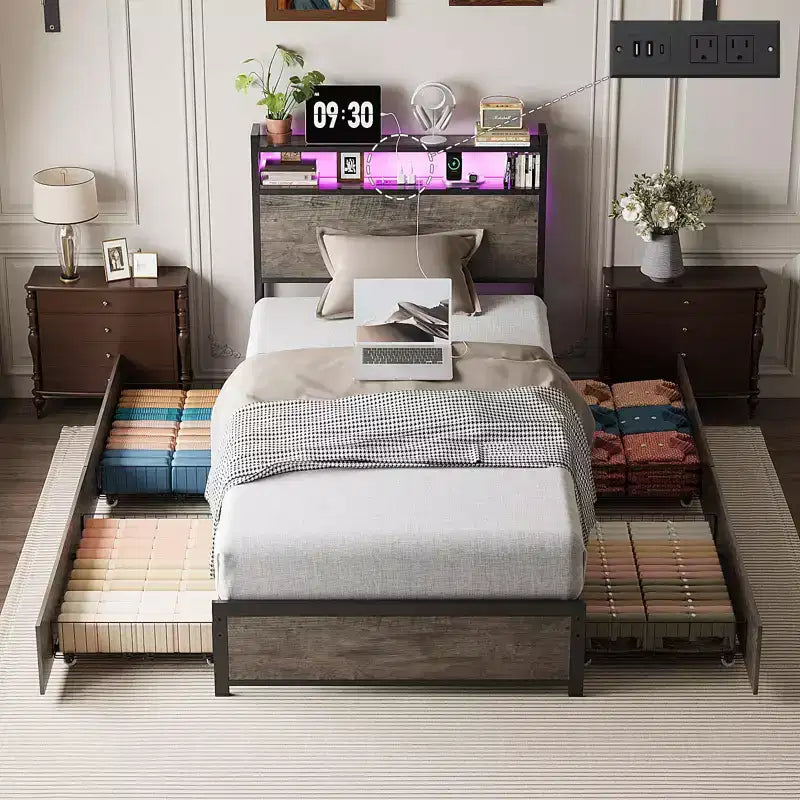 VINGLI Metal Platform with 4 Storage Drawers/Headboard/LED Lights/Charging Station, No Box Spring Needed, Easy Assembly, Wash Grey