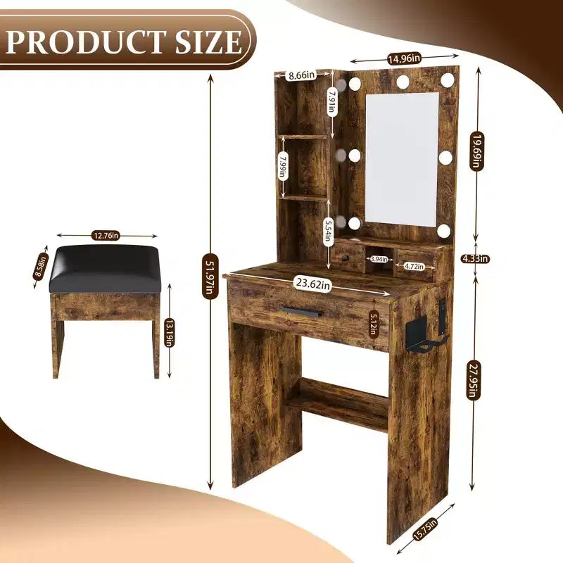 Okak Modern Vanity Table with Mirror & Adjustable LED Lights,Storage Dressing Desk with Power Outlet & Stool,Makeup Table for Small Bedrooms