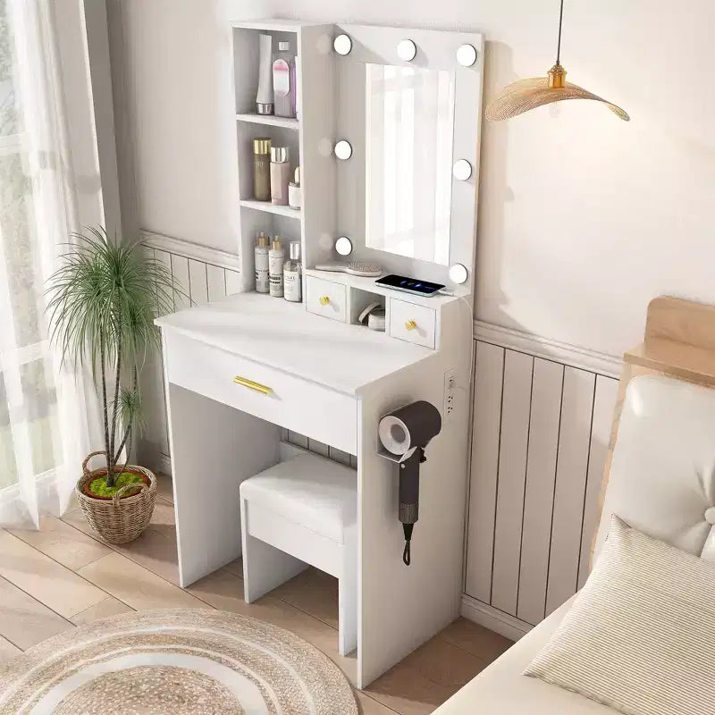 Okak Modern Vanity Table with Mirror & Adjustable LED Lights,Storage Dressing Desk with Power Outlet & Stool,Makeup Table for Small Bedrooms