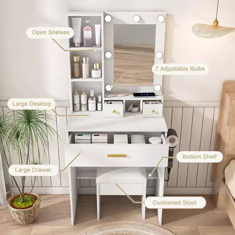 Okak Modern Vanity Table with Mirror & Adjustable LED Lights,Storage Dressing Desk with Power Outlet & Stool,Makeup Table for Small Bedrooms