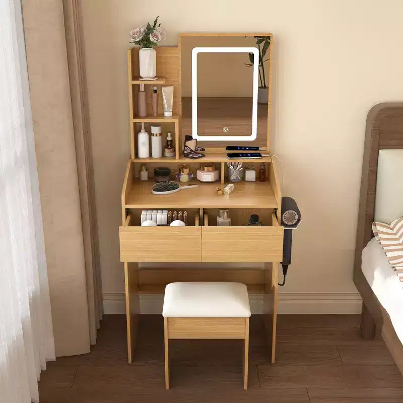 Okak Modern Vanity Table with Mirror & Adjustable LED Lights,Storage Dressing Desk with Power Outlet & Stool,Makeup Table for Small Bedrooms