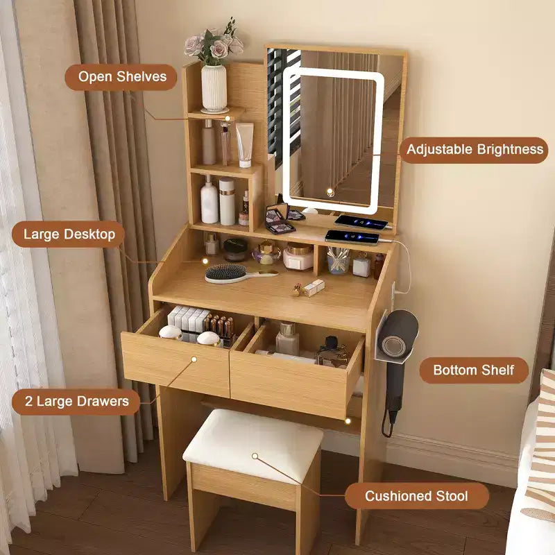 Okak Modern Vanity Table with Mirror & Adjustable LED Lights,Storage Dressing Desk with Power Outlet & Stool,Makeup Table for Small Bedrooms