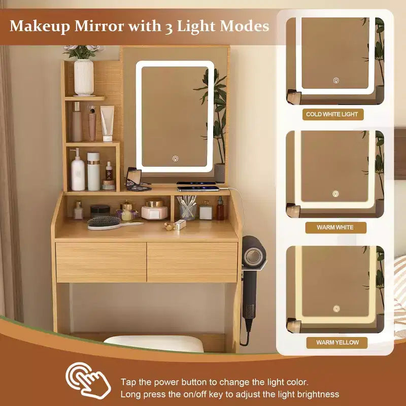 Okak Modern Vanity Table with Mirror & Adjustable LED Lights,Storage Dressing Desk with Power Outlet & Stool,Makeup Table for Small Bedrooms