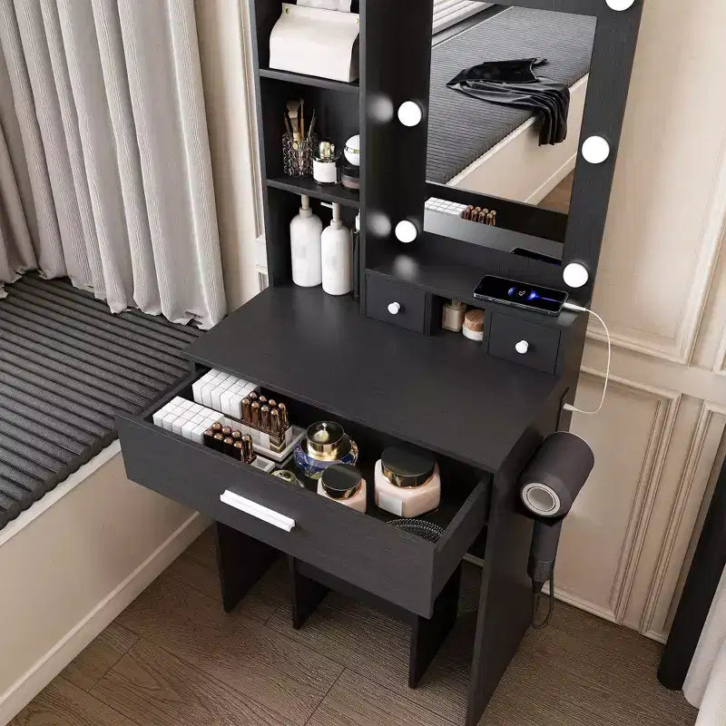 Okak Modern Vanity Table with Mirror & Adjustable LED Lights,Storage Dressing Desk with Power Outlet & Stool,Makeup Table for Small Bedrooms
