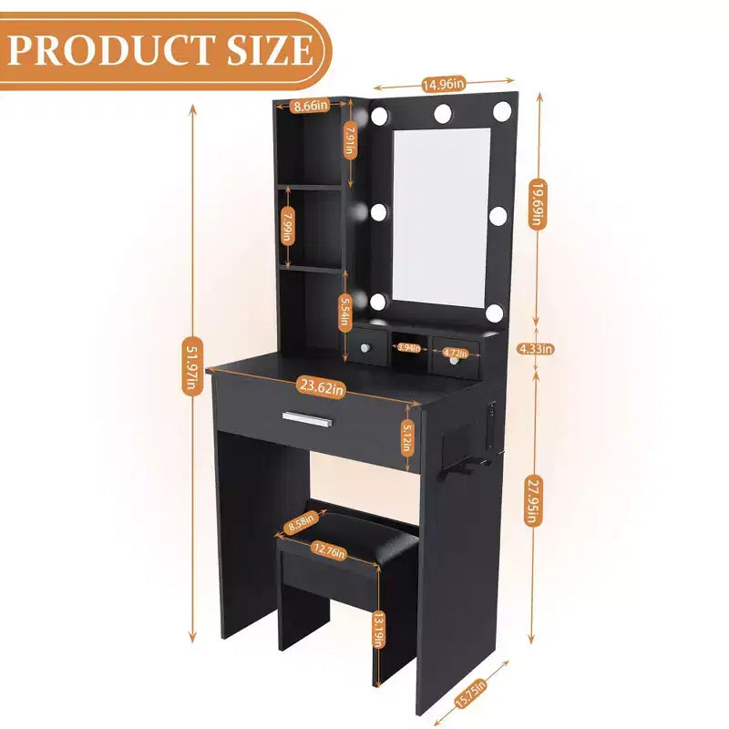 Okak Modern Vanity Table with Mirror & Adjustable LED Lights,Storage Dressing Desk with Power Outlet & Stool,Makeup Table for Small Bedrooms