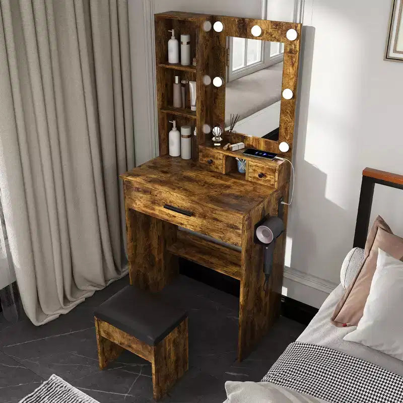 Okak Modern Vanity Table with Mirror & Adjustable LED Lights,Storage Dressing Desk with Power Outlet & Stool,Makeup Table for Small Bedrooms