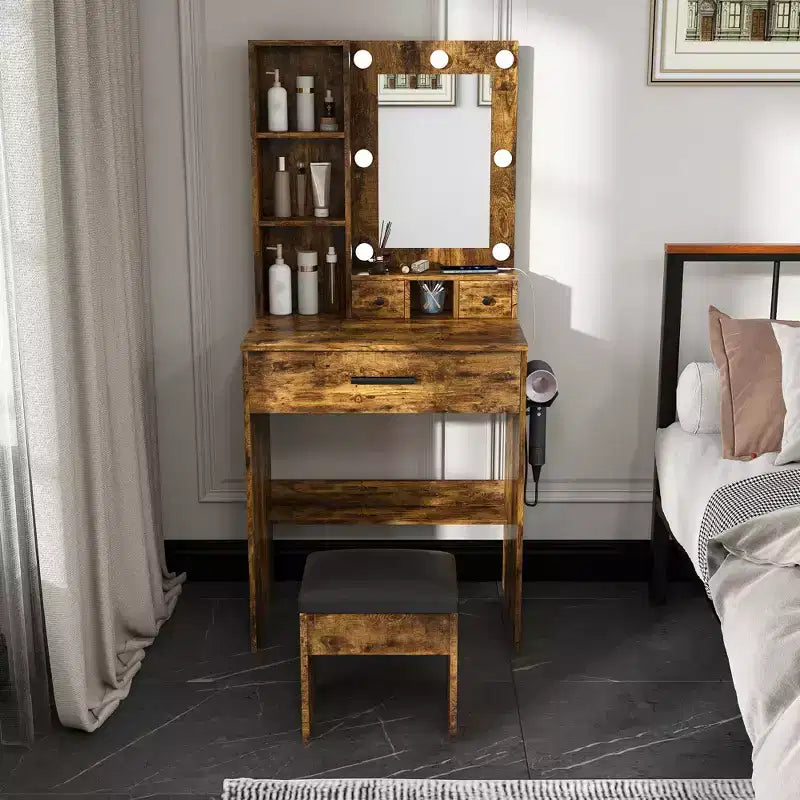 Okak Modern Vanity Table with Mirror & Adjustable LED Lights,Storage Dressing Desk with Power Outlet & Stool,Makeup Table for Small Bedrooms