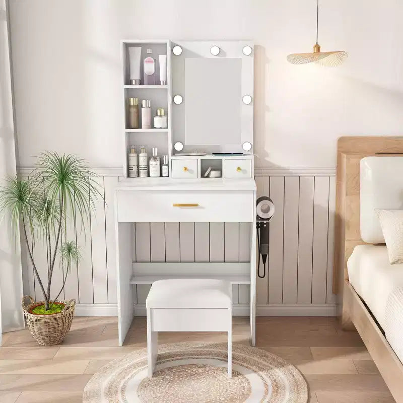 Okak Modern Vanity Table with Mirror & Adjustable LED Lights,Storage Dressing Desk with Power Outlet & Stool,Makeup Table for Small Bedrooms